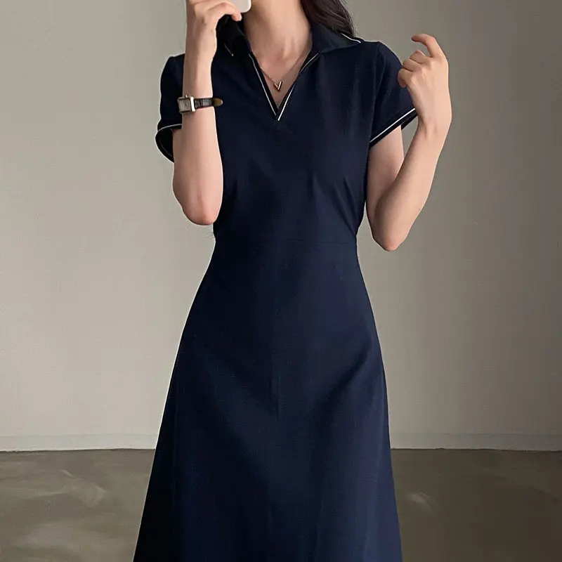 Abito estivo da donna coreano francese retrò colletto a Polo a maniche corte a-line abito lungo con lacci abito sportivo Casual di moda