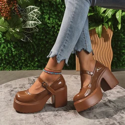 Super High Heels Mary Janes Shoes Woman Chunky Platform Ankle Strap Pumps for Women Autumn 2023 Patent Leather Heeled Shoes