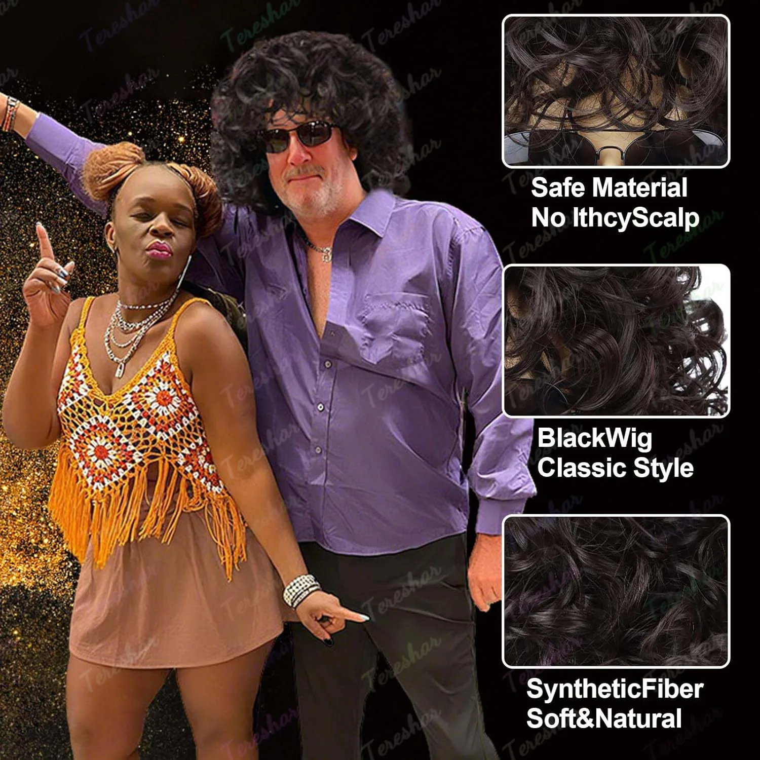 Synthetic 80s Short Jerry Curly Wig for Men with Mustache Glasses and Chain 70s Mullet Wig for Rocker Cosplay(Black,Brown Wig) image 4