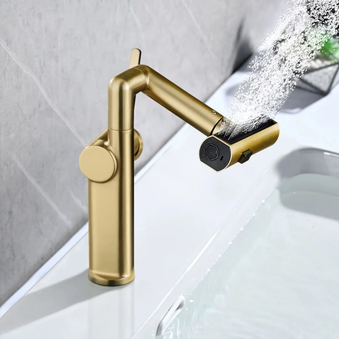Brushed Gold Pull Out Bathroom Faucet Waterfall Basin Faucet Hot Cold Water Mixer Crane White Deck Mounted Universal Water Taps