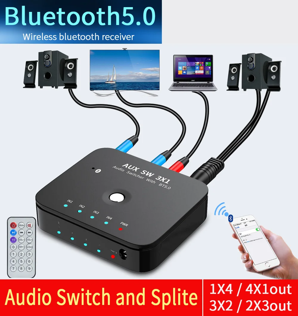 HIFI 4-port 3.5mm Stereo AUX Switcher 3 IN 1OUT kablosuz müzik Bluetooth 5.0 ses alıcıları kızılötesi uzaktan kumanda