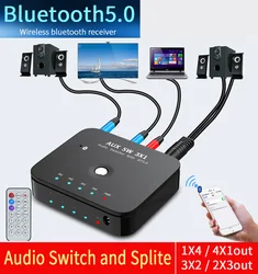 HIFI 4-port 3.5mm Stereo AUX Switcher 3 IN 1OUT kablosuz müzik Bluetooth 5.0 ses alıcıları kızılötesi uzaktan kumanda