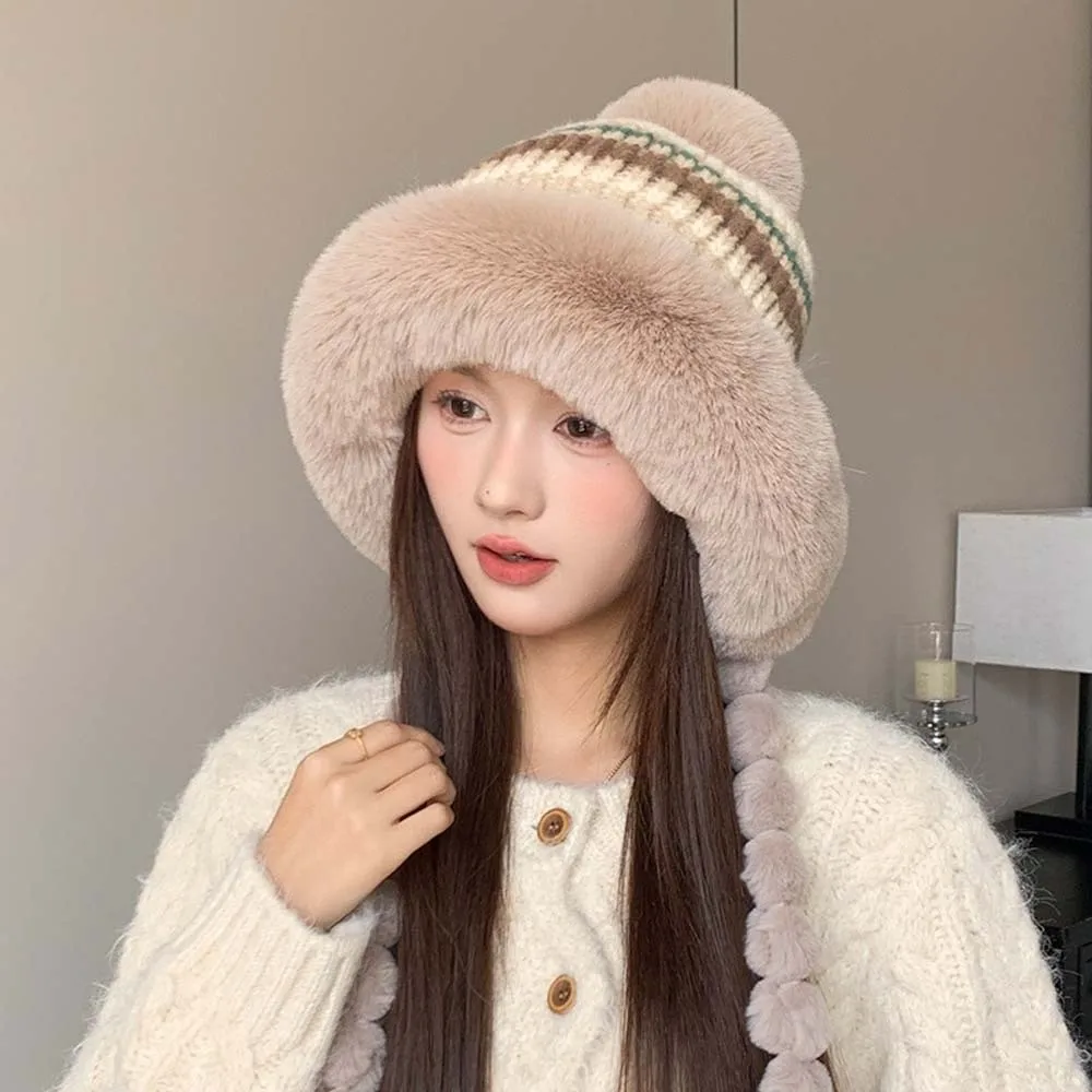 Fleece Lined Pompom Braids Hat Fur Brim Striped Knit Fleece Knit Beanie Thermal ElasticThick Earflap Winter Cap Ladies
