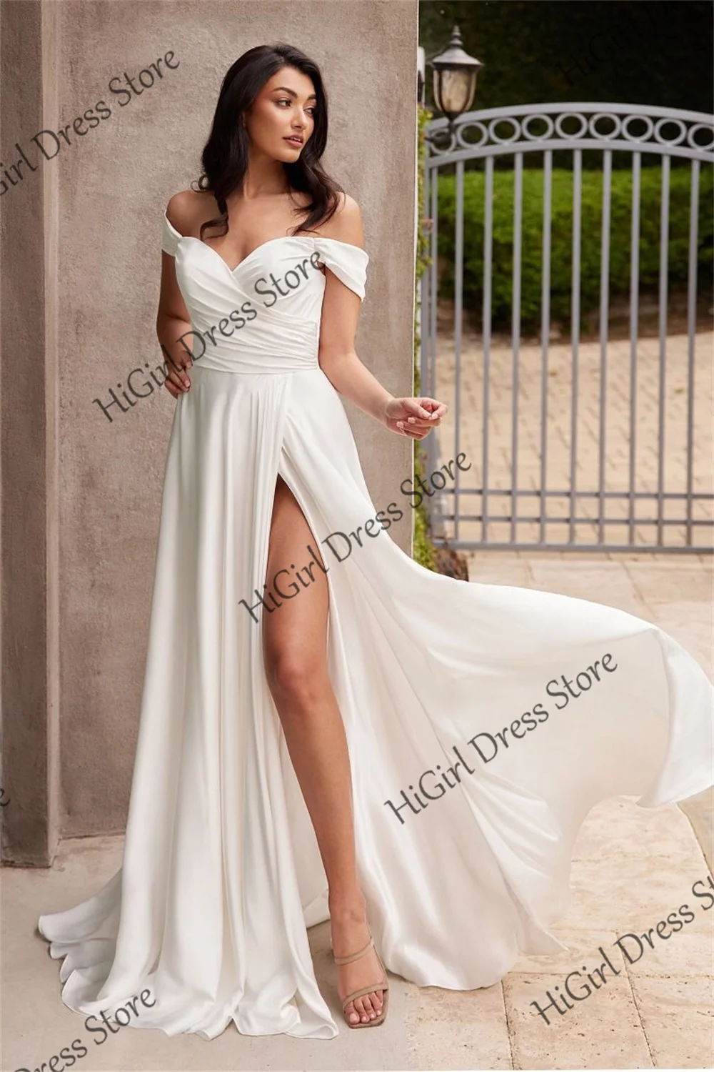 

Satin Off-the-shoulder Sweetheart Prom Dresses With Split Sleeveless Backless Evening Dress Pleated Corset A-line Long Ball Gown