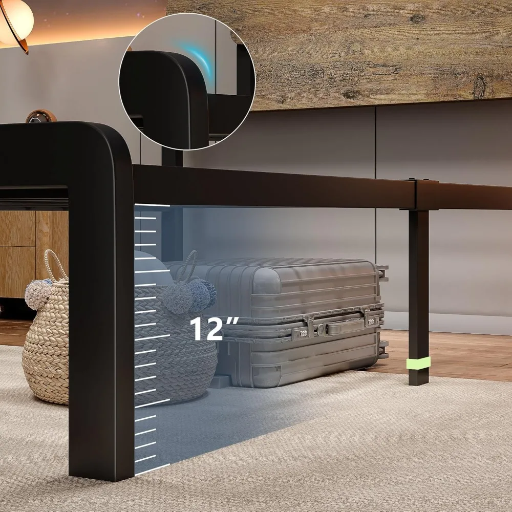 Twin Bed Frame with LED Lights, Storage Headboard & Charging Ports, Easy Assembly, Rustic Style