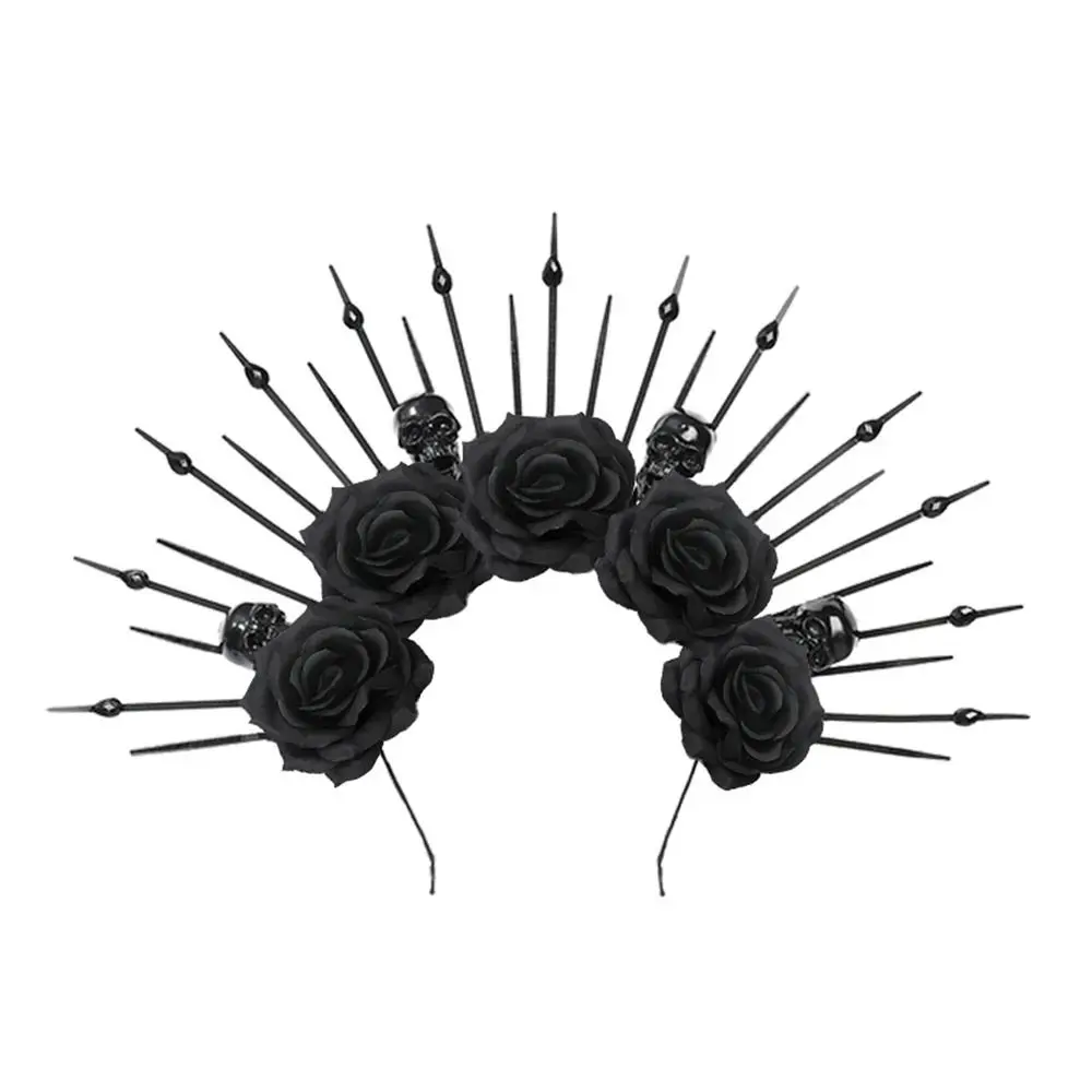 Halloween Black Rose Flower Skeleton Headband Day of The Dead Gothic Women Goddess Halo Crown Party Cosplay Headwear for Women