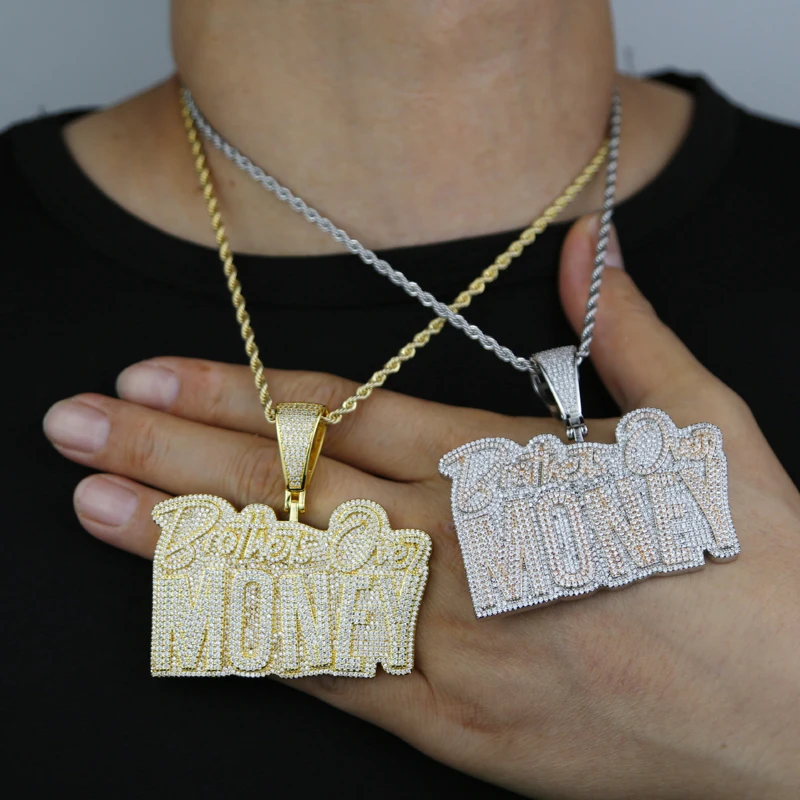 Trendy Iced Out Bling CZ Brothers Over Money Letter Pendant Necklace for Hip-hop Men Women 2 Tone Party Club Choker Jewelry Gift