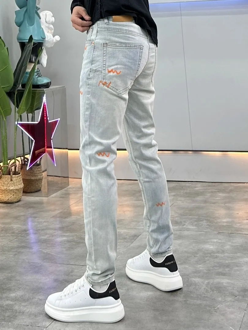 

Модные синие облегающие джинсы с принтом для мужчин, повседневные джинсовые брюки с высокой талией, длинные брюки с прямыми штанинами и защитой от грязи и пятен