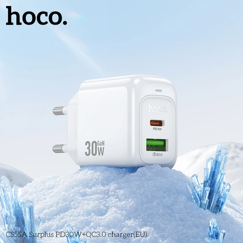 HOCO CS55A Dual Port PD30W Quick Charging Phone Charger EU Plug For iPhone 15 Pro Max QC3.0 Wall Travel Adapter For Samsung S21