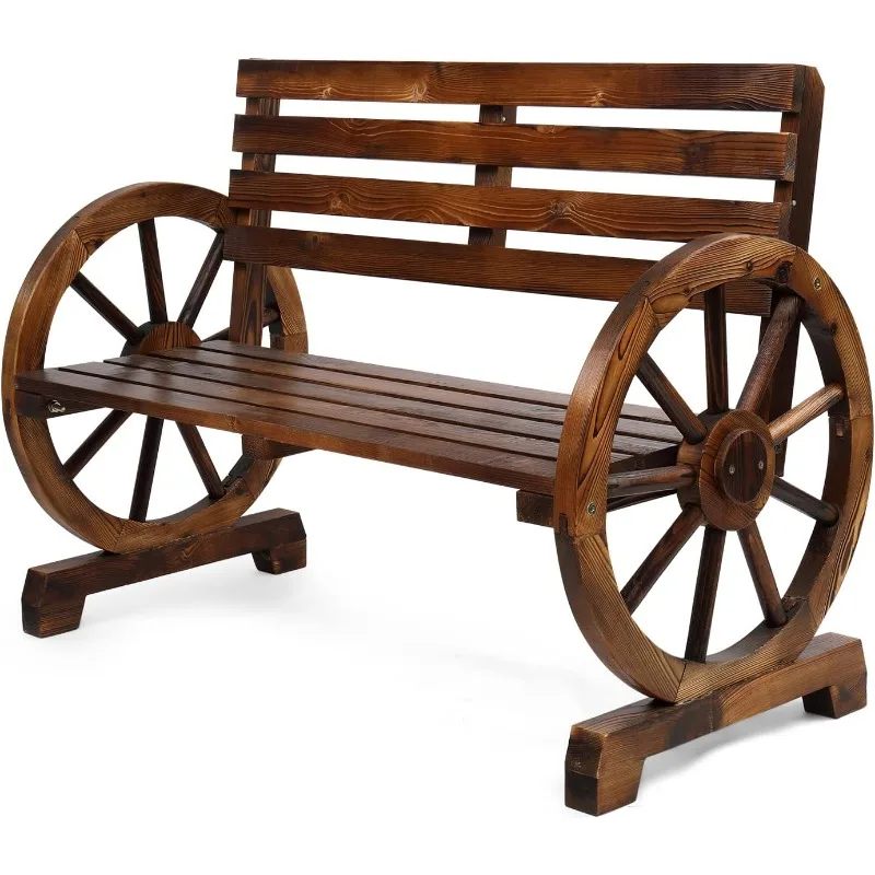 Outdoor Rustic Wooden Bench with Wagon Wheel Legs, People Outdoor Bench Garden Bench Front Porch Furniture Patio Lawn Yard Park