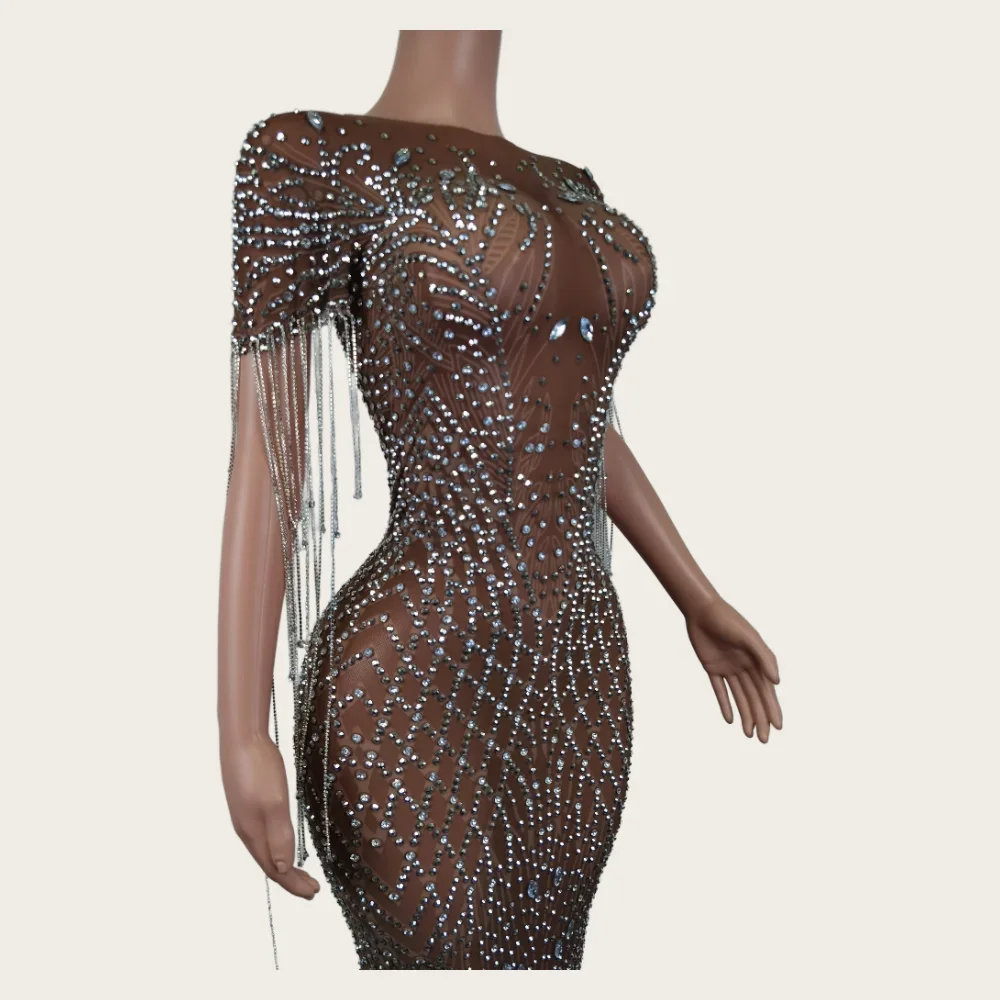 Mode Strass Fransen Transparent Mesh Stretch Kleid Abend Geburtstag Party Prom Feiern Outfit Sexy Bühne Show Kostüme