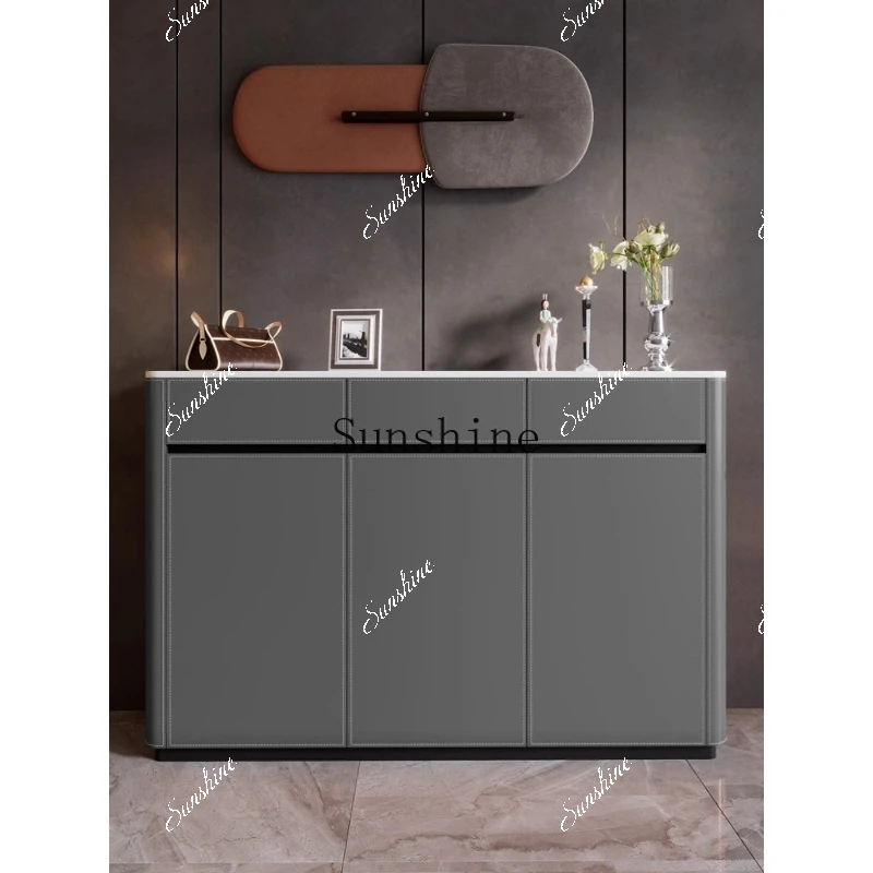 Italian light luxury saddle leather dining side cabinet modern simple living room entrance solid wood tea cabinet  FT