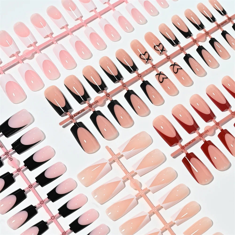 120 Stück mittelgroße quadratische French-Press-On-Nägel, schwarz-rot, mit Herzlinien, künstliche Nagelspitzen, schicker minimalistischer Stil, wiederverwendbare künstliche Fingertips – Detail 6