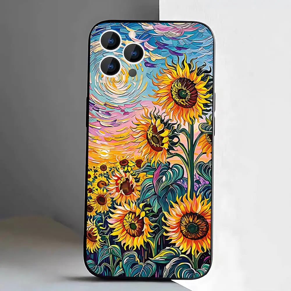 Sunflowers Printed Matte Phone Case For iPhone 17,16,15,14,13,12,11,Pro,XS,Max,XR,Plus,E,SE4,Mini Black Soft Cover