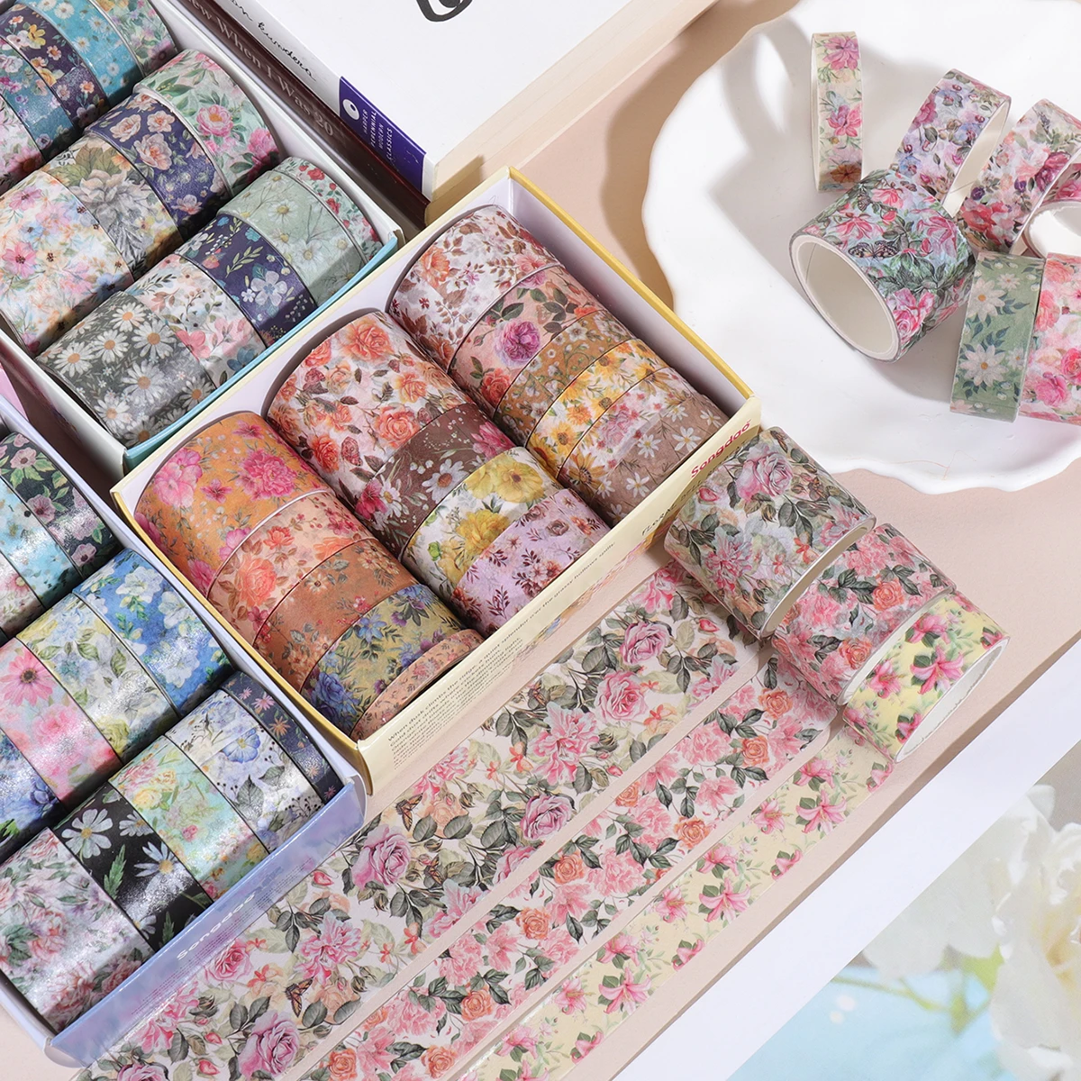مجموعة 15 لفة/صندوق من شريط واشي بطابع الأزهار، تتميز بأنماط أوراق الزهور المختلفة، ومواد تزيين المجلات بنفسك
