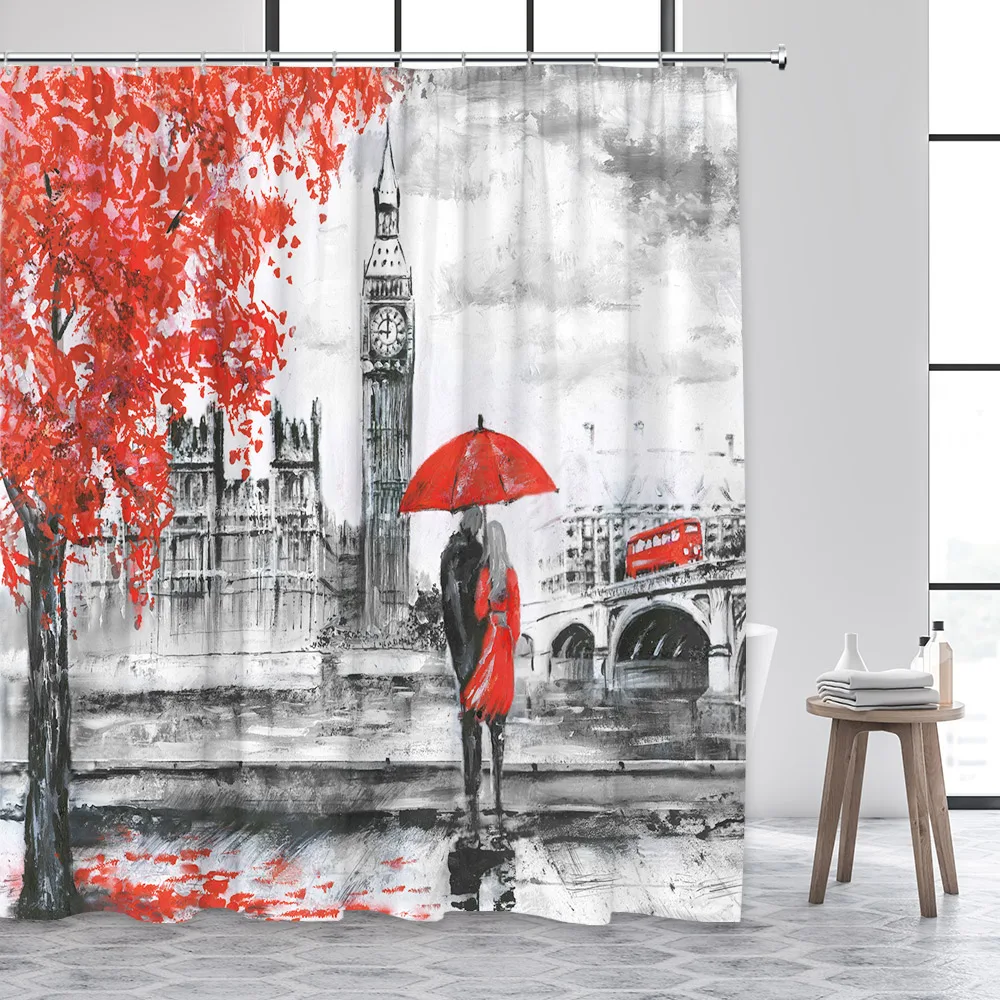 Vintage Paris Tower Shower Curtain Pink Floral Romantic Lovers City Street Scenery Modern Fashion Bathroom Curtains Fabric Decor