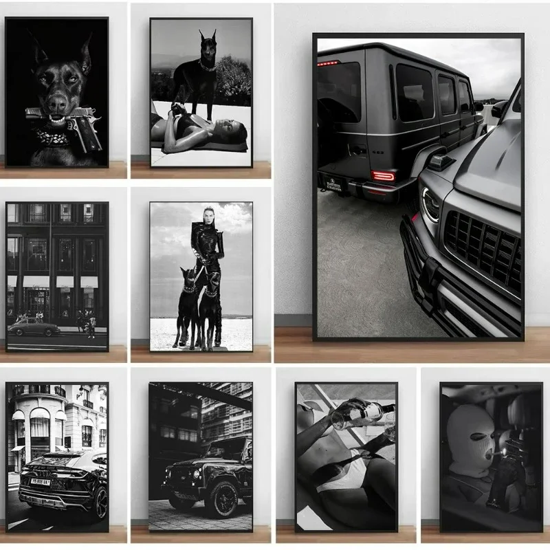 Póster Artístico de pared para mujer, decoración de perro y coche de lujo, pintura en lienzo para dormitorio, Color negro, moda Sexy, arte de pared