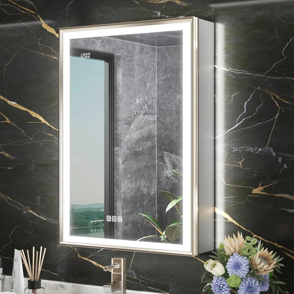 Mirror lighting bathroom cabinet, dimmable surface installation, with LED and time display, brushed nickel bathroom cabinet