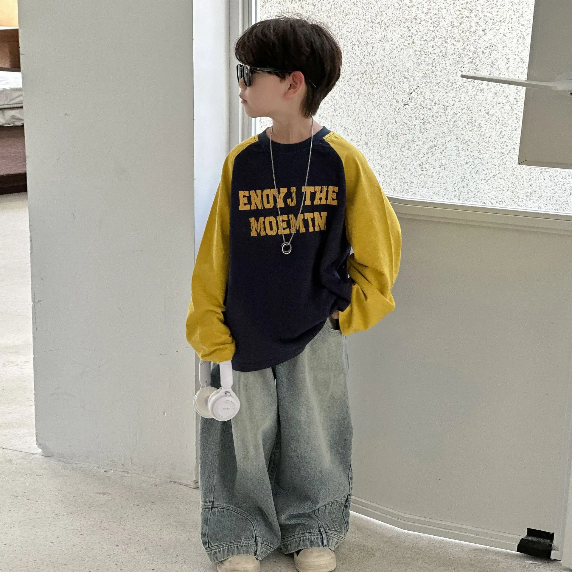 

2025 New Boys' Long Sleeve T-Shirt Autumn Loose American Top Kids' Boys' Sweatshirt Children's Clothing