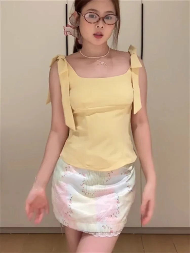 

Yellow Bow Tie Square Collar Ins Super ular Strap Vest Women's Summer New Bal Slimming Outerwear Top