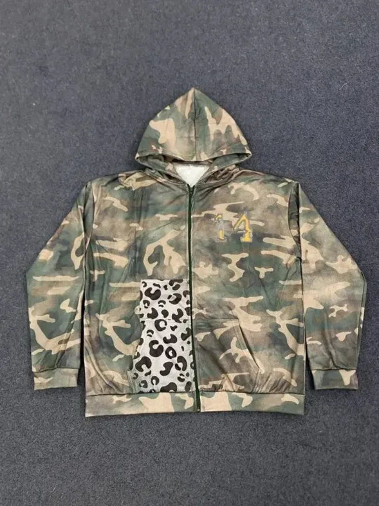 

Женские весенне-осенние нишевые дизайнерские свободные ленивые кардиганы в американском стиле ретро, камуфляжная толстовка с капюшоном и длинными рукавами