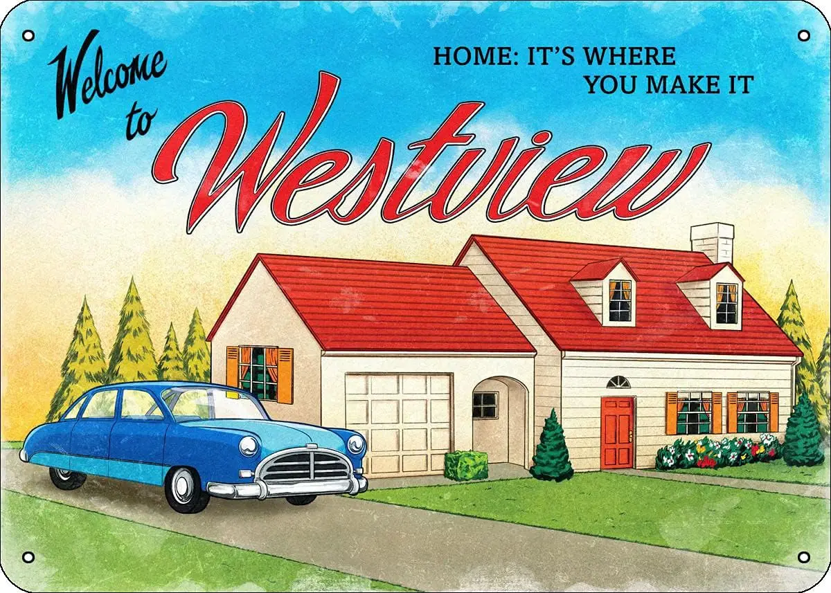 Welcome to Westview Wandavision Cartoon Poster Metal Tin Sign 8 x 12Inch Funny Man Cave Cool Wall Decor