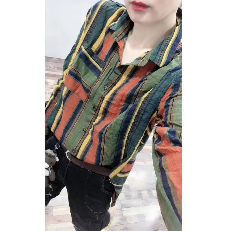 European Spring Summer 2024 New Striped Casual Elegant Shirt for Women Korean Long Sleeved Loose Slimming Cotton Linen Top