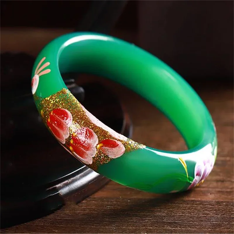 Maichuang/Jade Peacock Painting Agate Round Bar Bracelet Fine Jewelry Accessories Personality Bangles MenWomen Couples Luck Gift