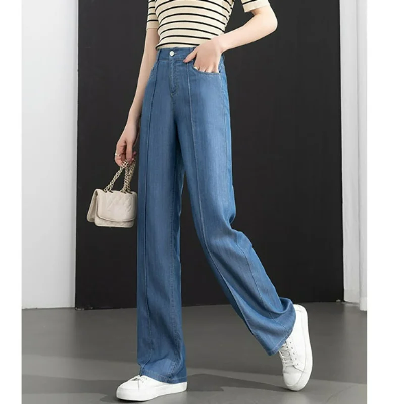 

Wide Leg Jeans Lyocell Women Straight-leg Pants Mopping Thin Trousers 2024 High-waisted Slim Bottoms Baggy Clothes Blue Light