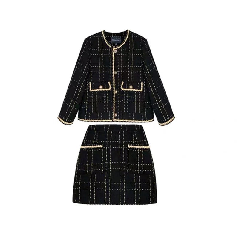 Frauen Fried Street Tweed Anzug 2023 Neue Frühling Herbst Wolle Jacke + Rock Weibliche Mode Lose Tweed Röcke Zwei-stück Set Frauen