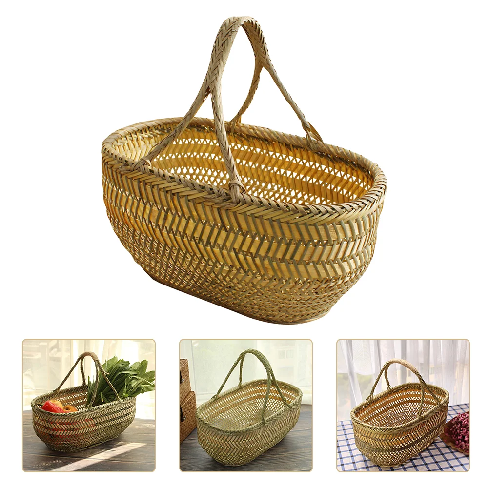 

Hand Shopping Basket Storage Harvest Manual Bamboo Vegetable Weaving Handled Garden Hod with Small Fruit