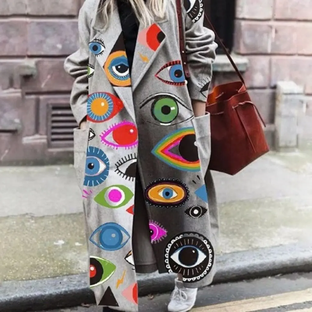 

Women's round Neck Woolen Jacket Print Street Trendy Spring European American Loose Cotton Beltless Outerwear