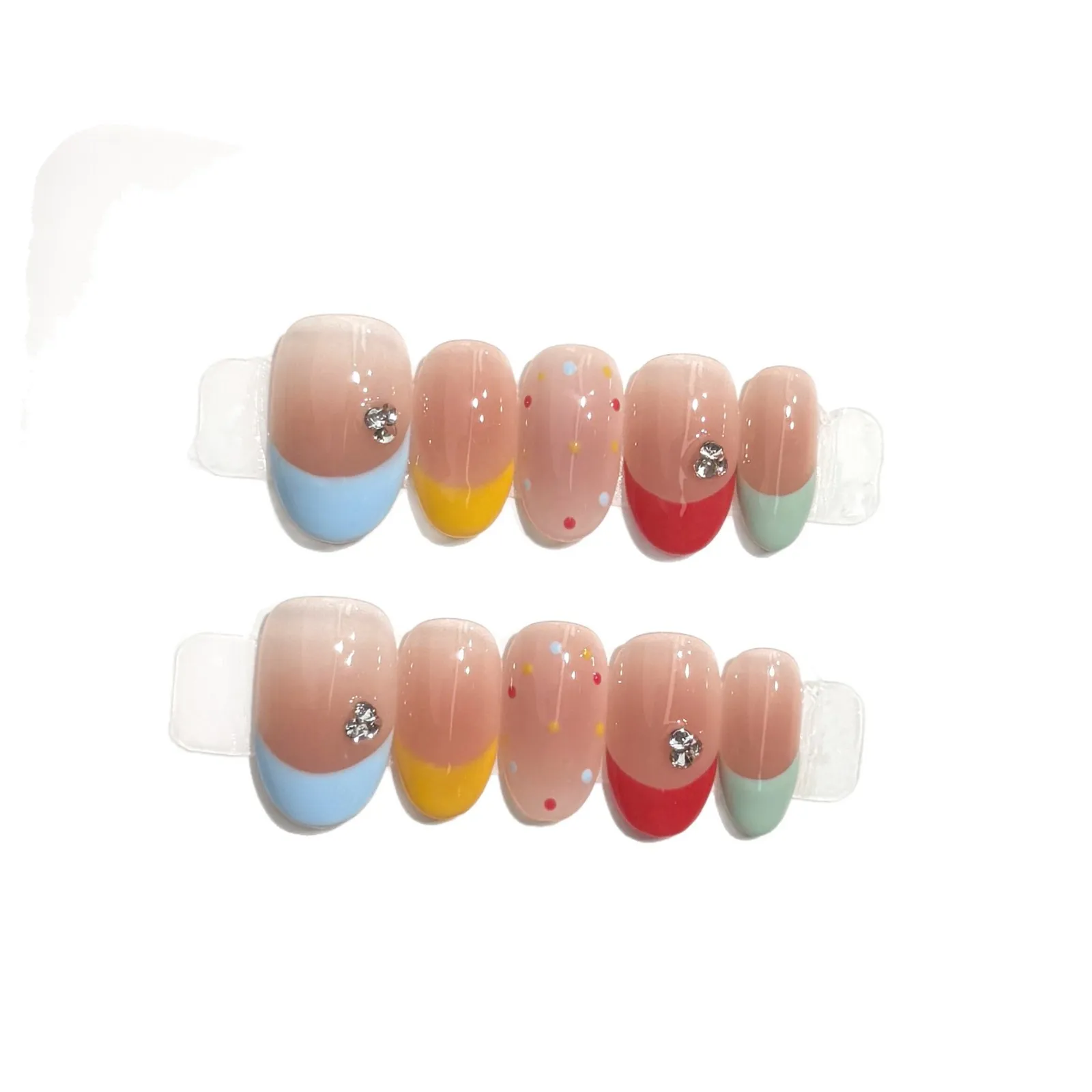 10PCS Handmade Nails Sugar Dot Fantasy Color Nude French Wearable Nails Multicolor Polka Dot Rhinestone Sweet Style