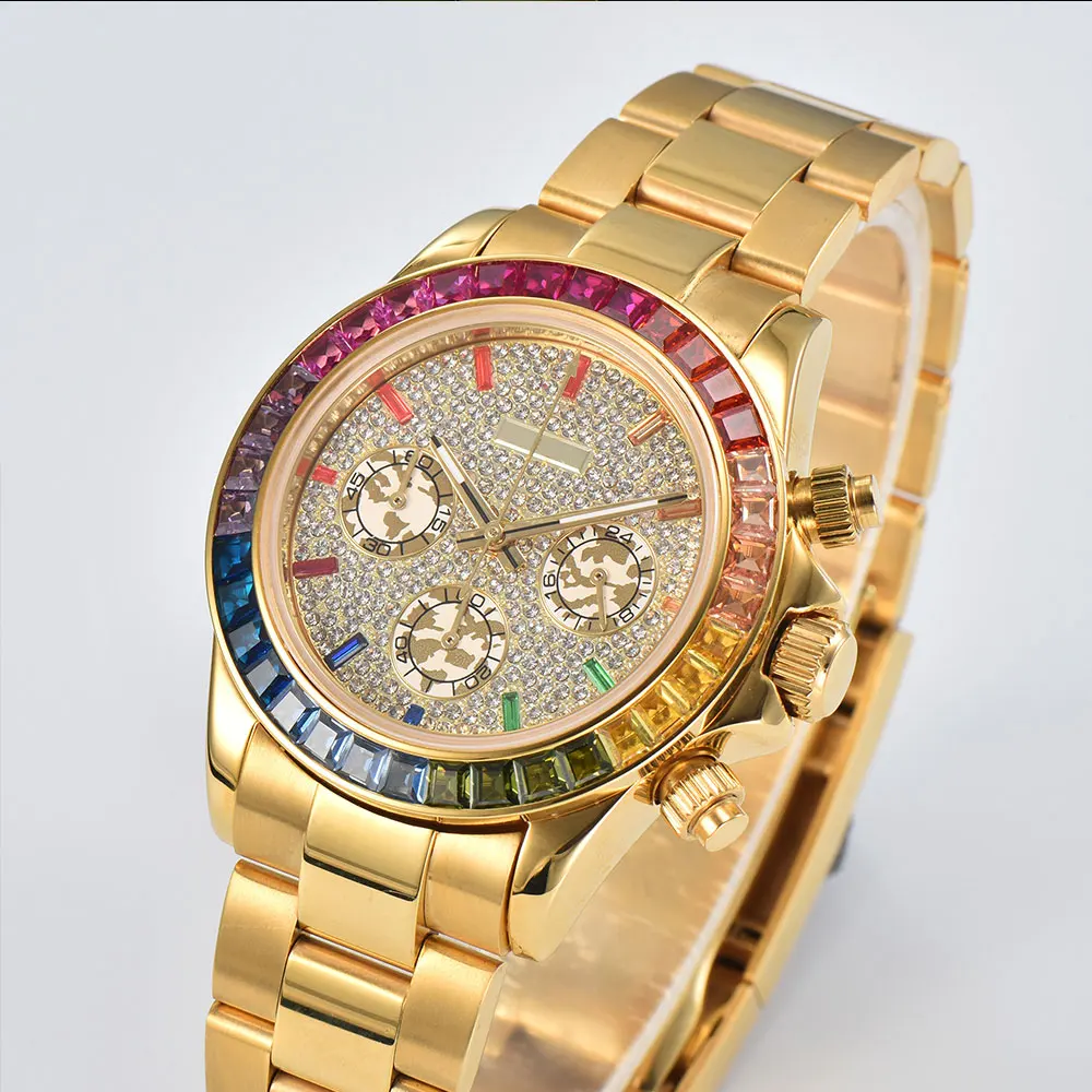 Custom Logo 39.5mm Mens Watch Sterile Dial Colored Diamonds Dial Watch Sapphire Crystal Vk63 quartz Movement Watch ﻿