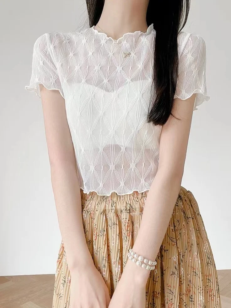 Spring Summer White Short Sleeve T-Shirt Women's Inner Wear Lace Mesh under Shirt Thin Sun Protection Cover up round Neck Top