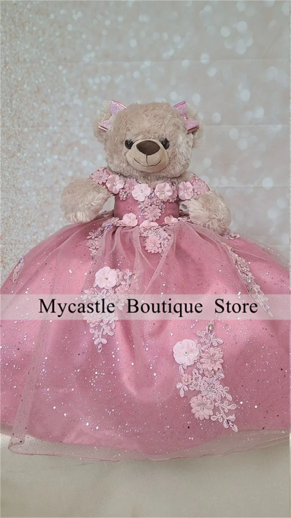 

Pink Tulle 3D Flowers Special Link For Personalized Quinceanera Teddy Bear Dress Lace Appliques