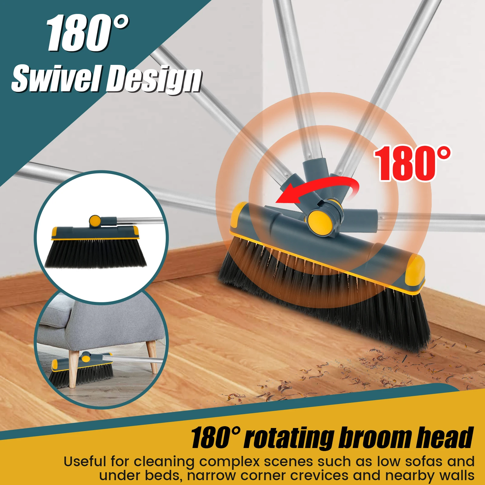 Long Handled Dustpan and Broom Set 180° Rotatable Standing Dustpan and Brush Portable Dustpan Combo Set with Scraper Teeth