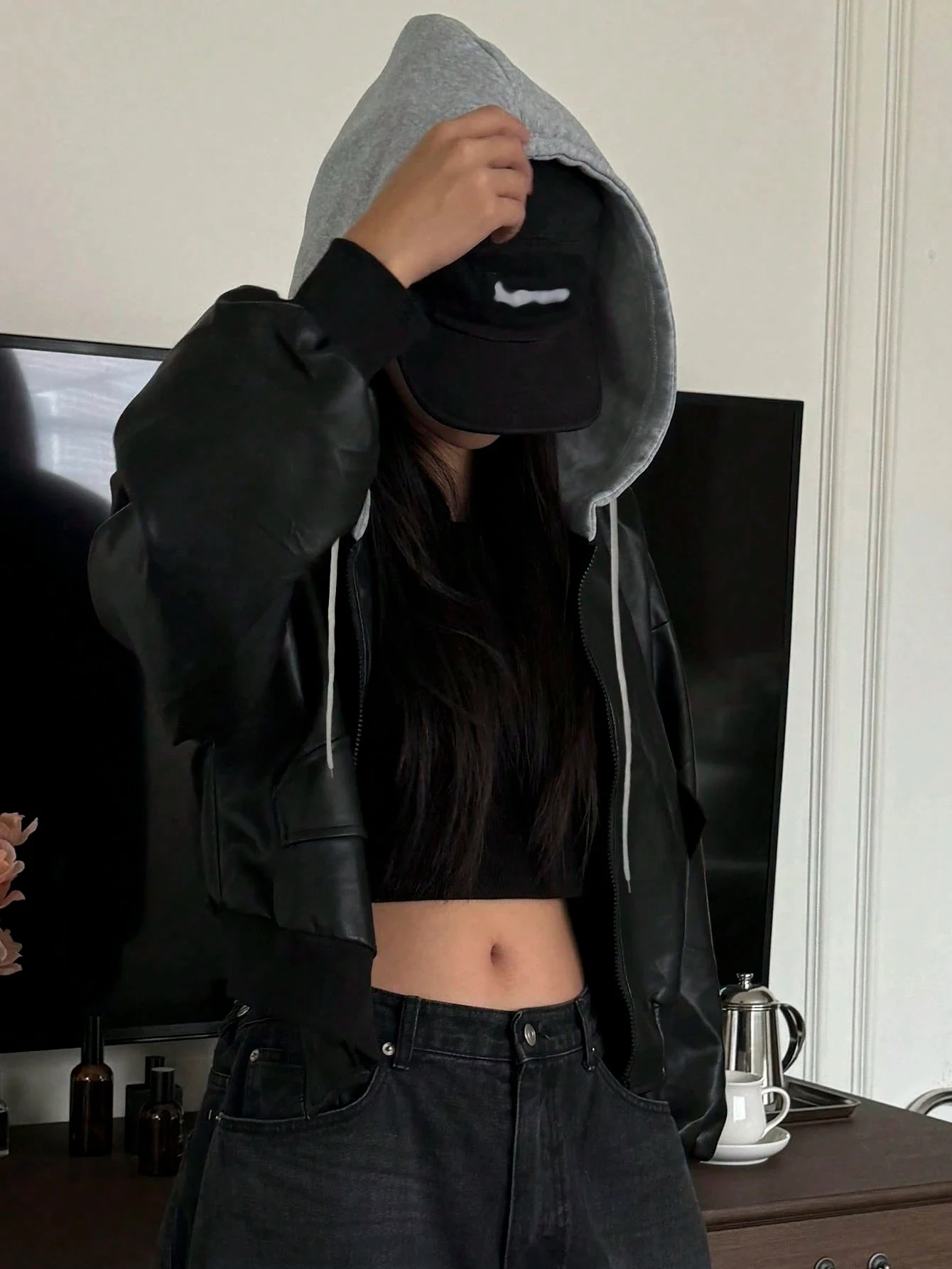 Women's casual contrast color drop shoulder long sleeve zipper hooded jacket | PU leather front zipper hooded loose jacket | Aut