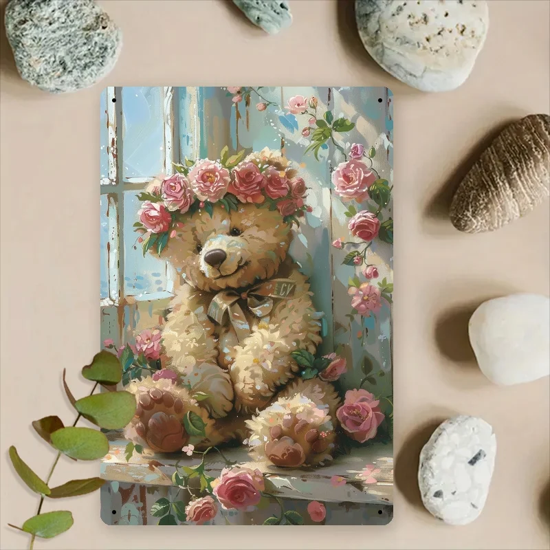 2D Flat, Room Decor Vintage Floral Teddy Bear Metal Wall Art, 8.0x12.0inch Iron Tin Sign, 2D Printed Decorative Plaque with High