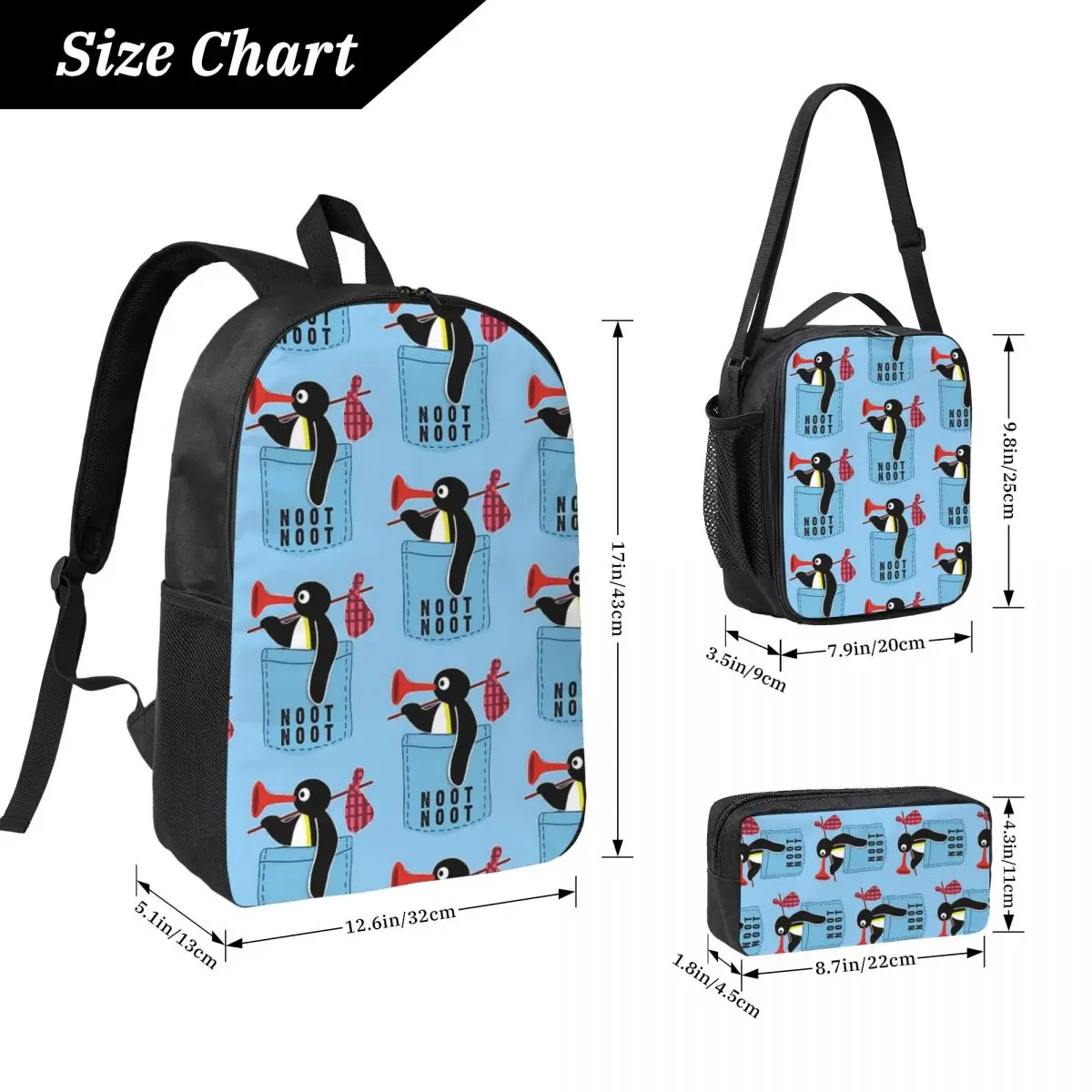 Angry Pingu Noot Noot Pocket Official Merch Backpack Student Boys Girls BookBag School Bag 3ps Insulated Lunch Bag Pencil Case