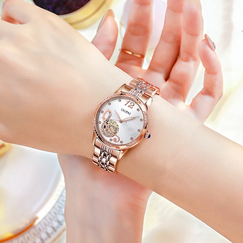 Oupai женский ремешок из нержавеющей стали с круглым циферблатом, розовое золото, светящиеся стрелки, кварцевый перемещение, модный и изысканный