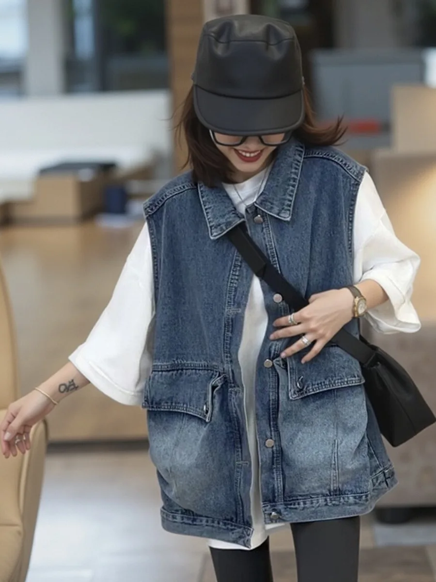 

Women's Denim Vest Sleeveless Jacket, 2025 Spring Fall Oversized Casual Layer, Versatile Waistcoat