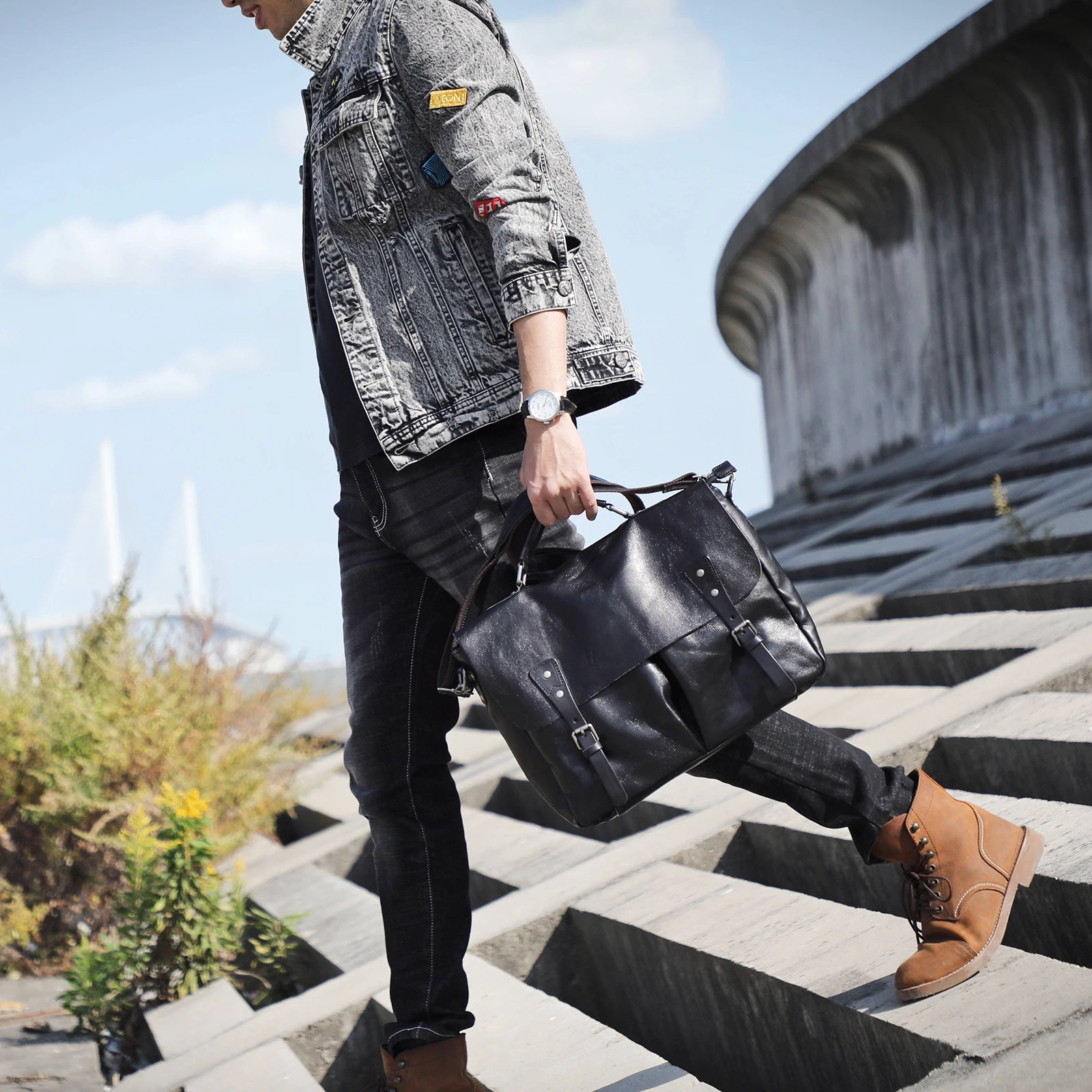 Echtleder Herren-Aktentasche 15 Zoll Laptop-Tasche Einfache Rindsleder-Umhängetasche Pflanzlich gegerbtes Leder Modischer Casual-Stil – Detail 5