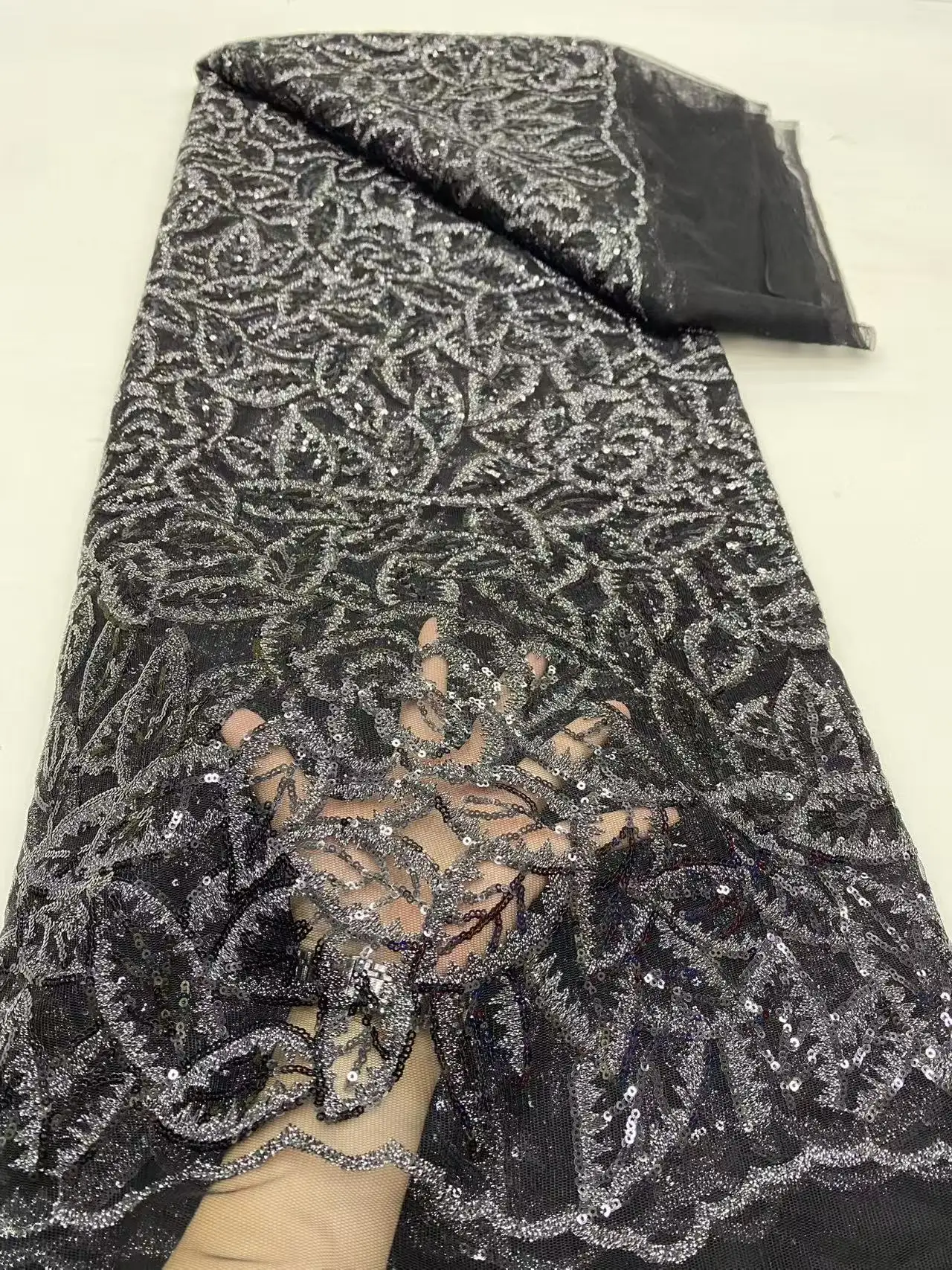 

Black Tulle Lace Fabric with Silver Sequins Mesh Embroidery Weave for Luxury Elegant Evening Gowns