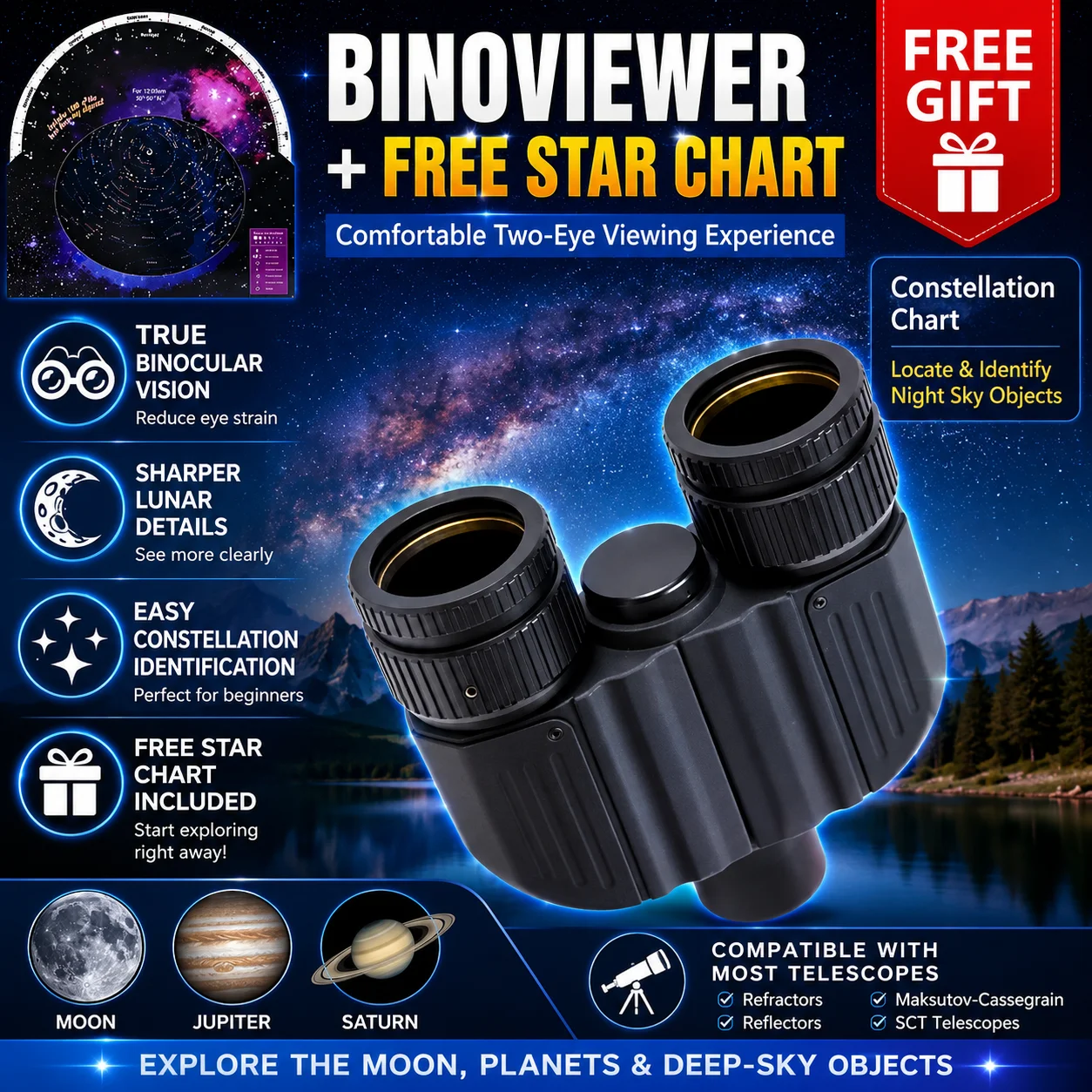 Visor Binocular Astronómico para Telescopio Refractor, Reflector y SCT con Carta de Constelaciones Gratuita