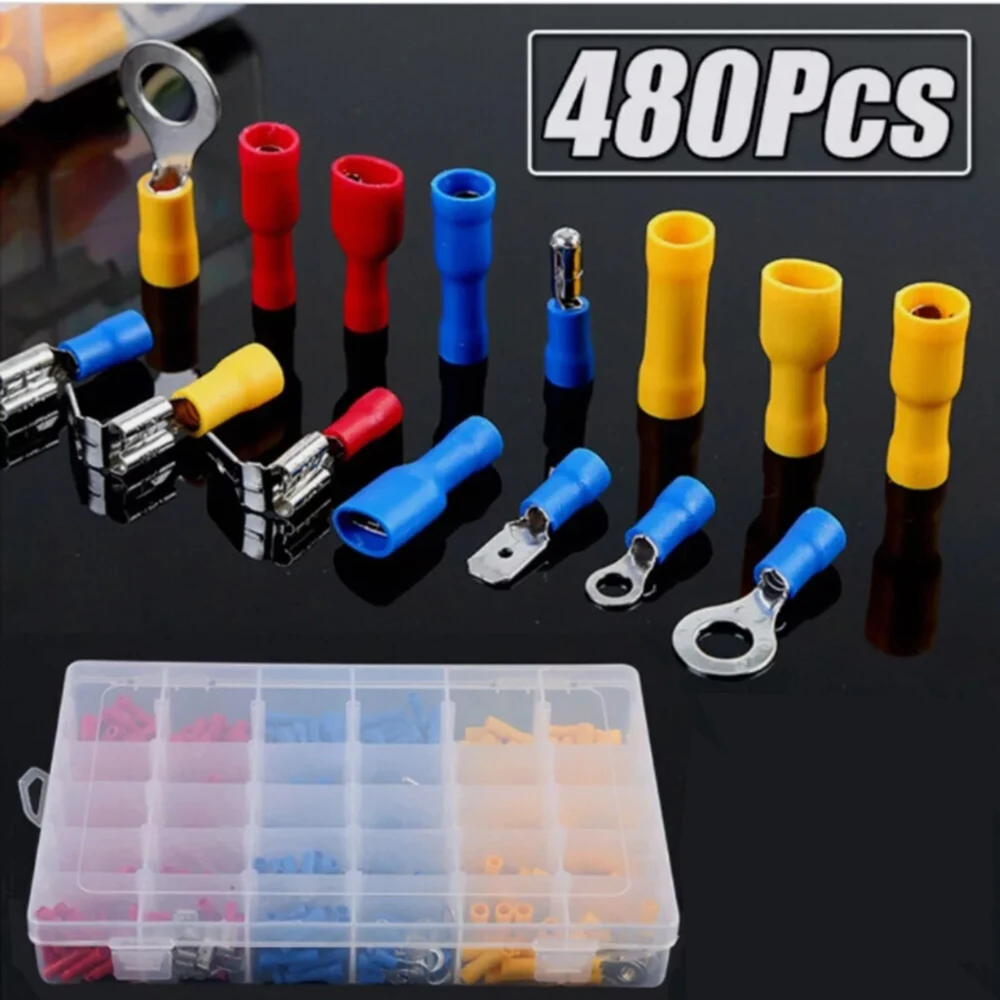 480pcs Assorted Insulated Electrical Connectors Terminals Kit Crimp Wire Spade Butt Bullet Fork Ring Solderless Crimp