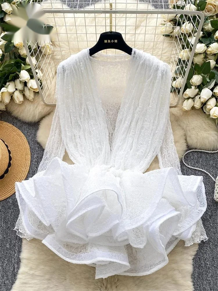 Autumn Streetwear Tops Suits Women O Neck Full Sleeves Thin Sheer Lace Shirts+Sleeveless Outerwear Ruffles Tank Top