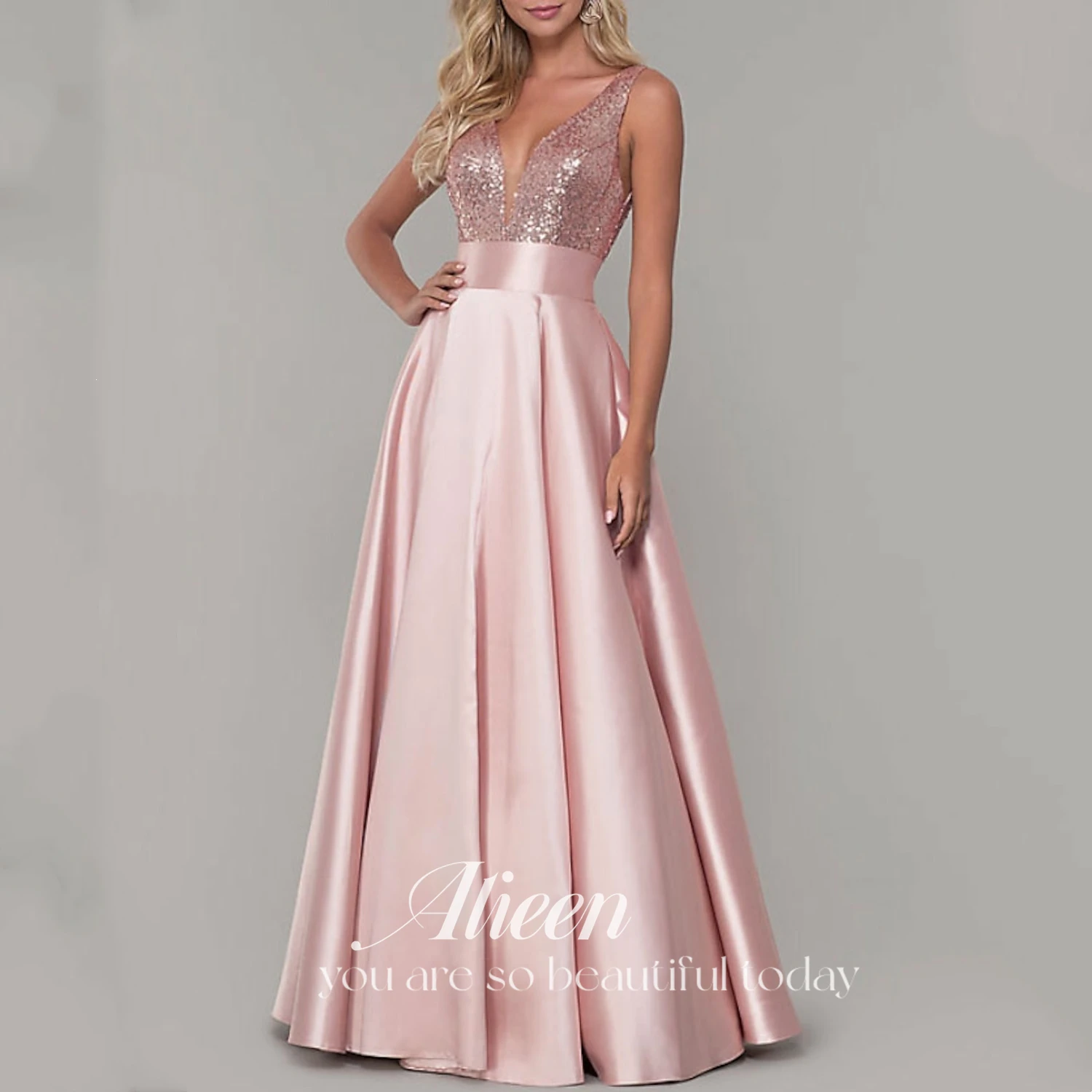 

Aileen Fine Sequins Cocktail of Dresses Elegant Guest Wedding Dress Satin Gown Pink Evening A-line Pretty Women's Formal Party