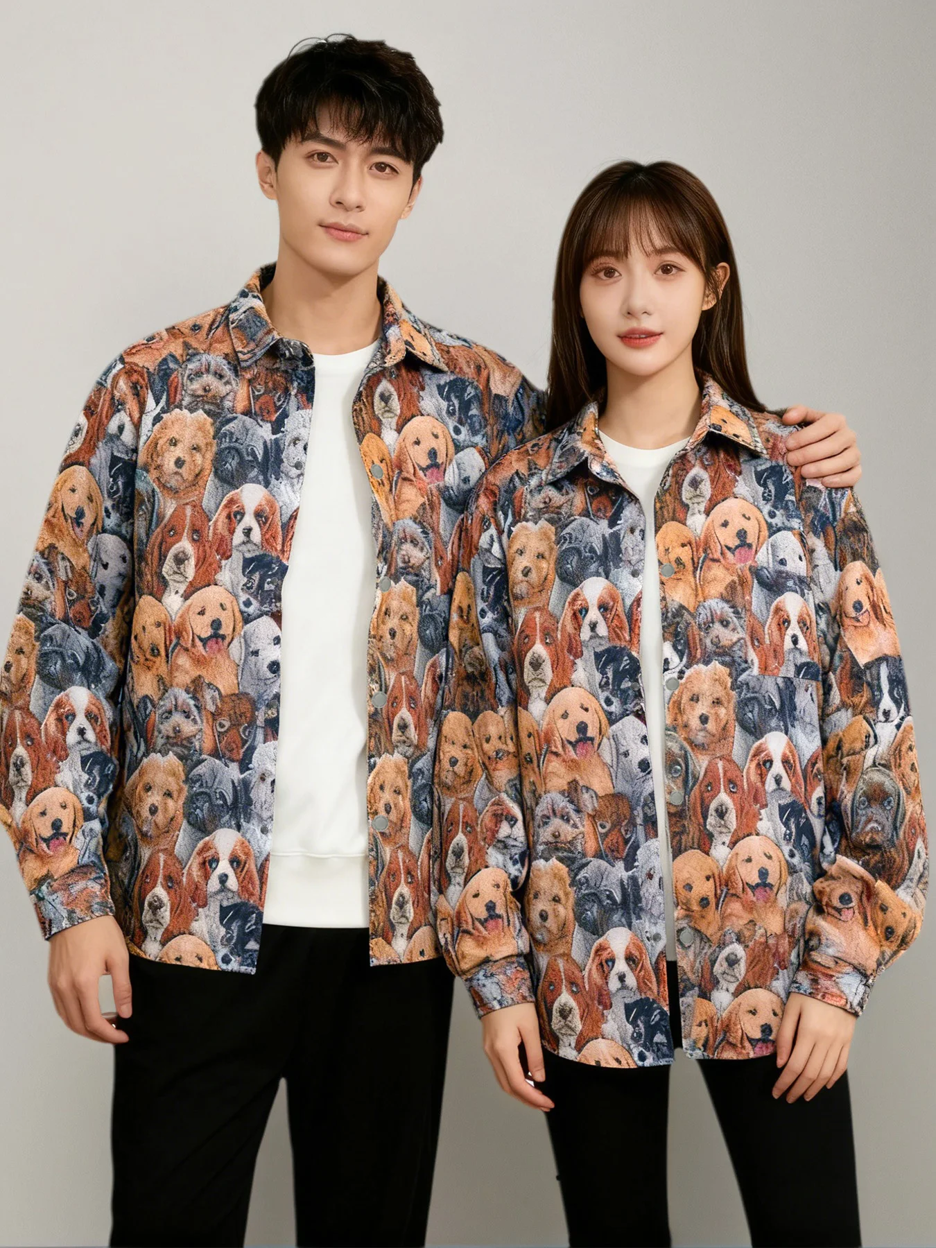 

Spring and autumn new jacquard puppy print polo collar jacket, unisex versatile stylish everyday coat