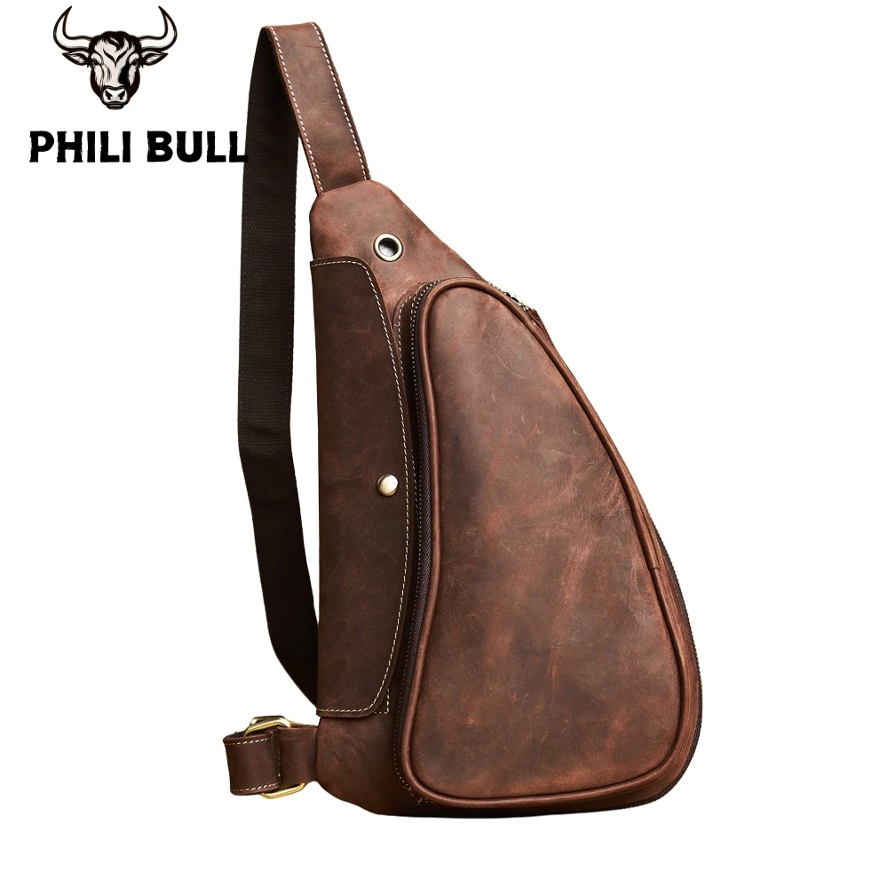 Genuine Leather Retro Men\'s Chest Bag Fashion Leather Dumpling Bag Crossbody Bag Sports Fitness Small Shoulder Bag